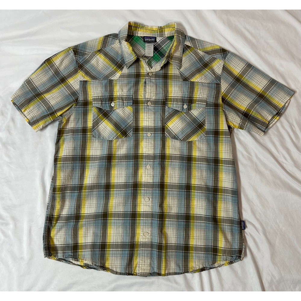 Patagonia Mens L Organic Cotton Plaid Short Sleeve Button Up Shirt Yellow Brown